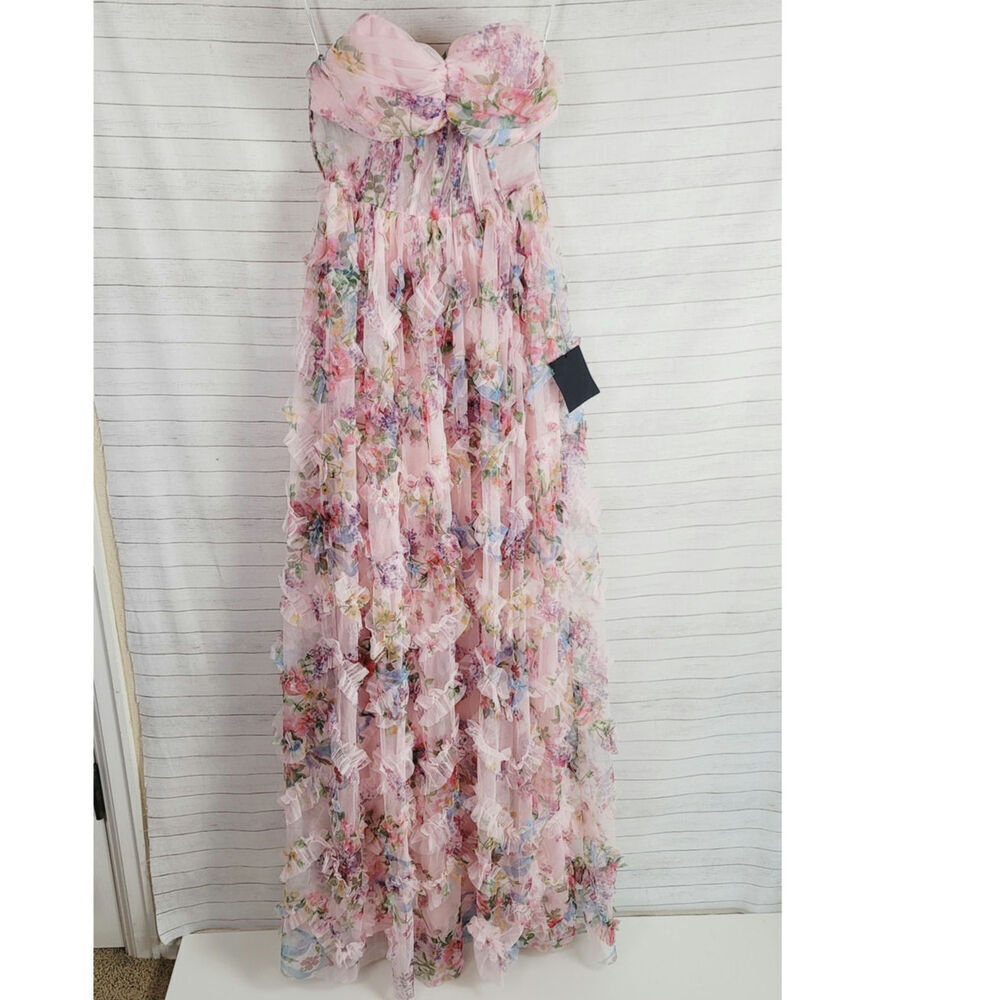 Lulus Stunning Element Mesh Ruffled Strapless Maxi Dress In Pink Floral, Sz Xs